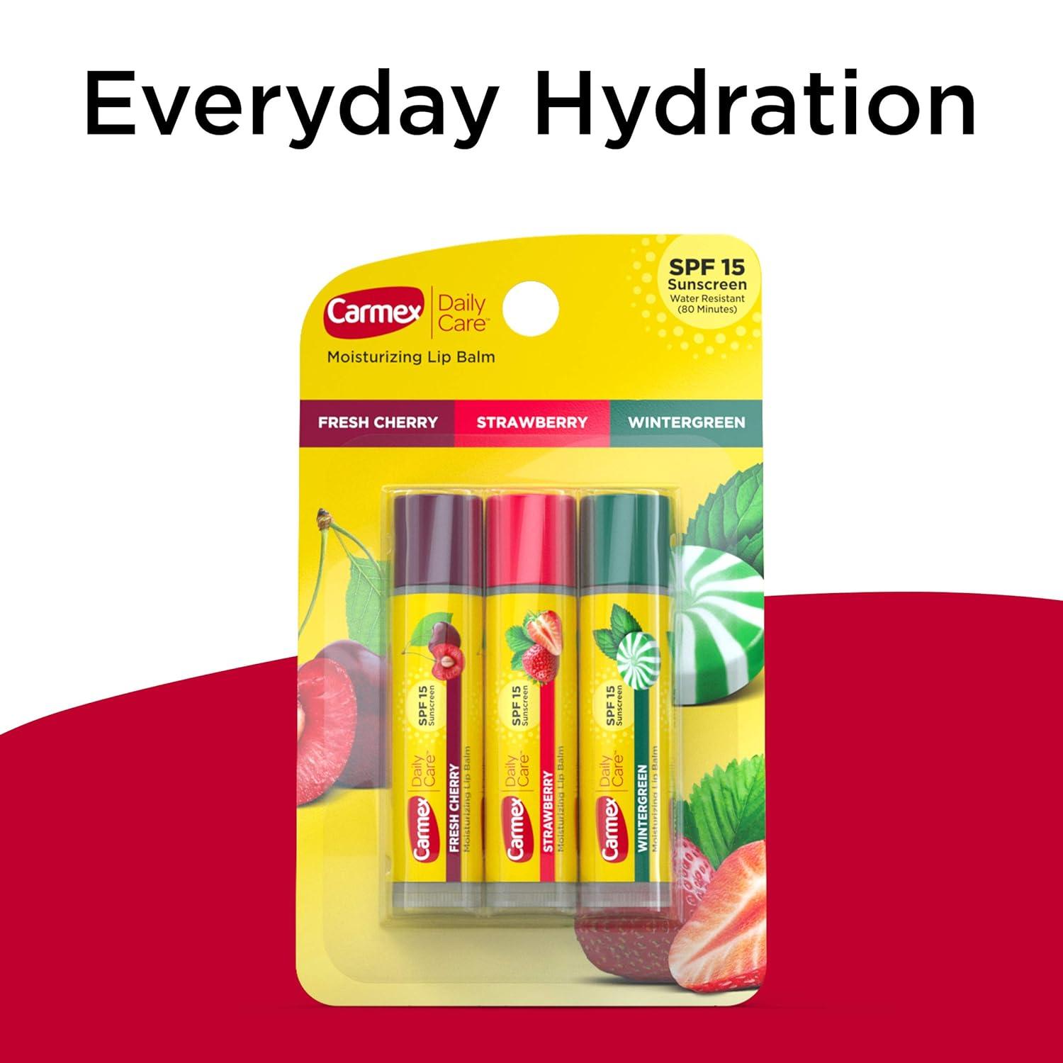 image:imageCarmex Daily Care Moisturizing Lip Balm Sticks with SPF Fresh Cherry Strawberry and Wintergreen Lip Balm Pack 015 OZ 5 packs of 315