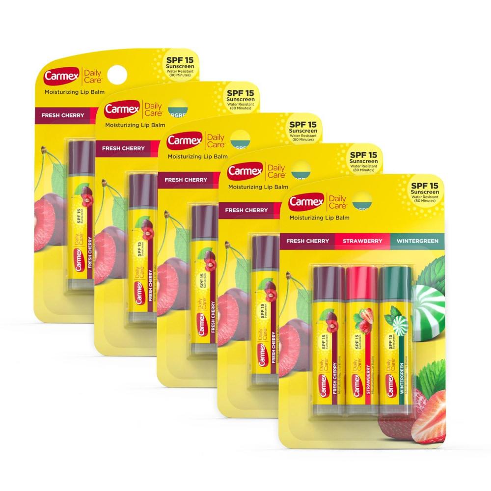 image:imageCarmex Daily Care Moisturizing Lip Balm Sticks with SPF Fresh Cherry Strawberry and Wintergreen Lip Balm Pack 015 OZ 5 packs of 315
