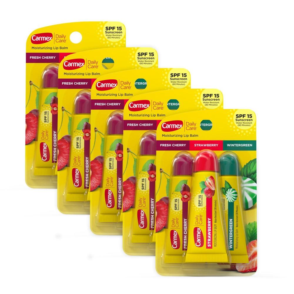 image:imageCarmex Daily Care Moisturizing Lip Balm Tubes with SPF Fresh Cherry Strawberry and Wintergreen Lip Balm Pack 035 OZ 5 Packs of 315