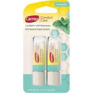 Carmex Comfort Care Lip Balm Sticks with Beeswax, Peppermint Lip Balm Flavor, 6 Count (3 Packs of 2)(2 Count (Pack of 1))
