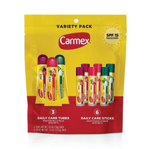 Carmex Daily Care Moisturizing Lip Balm Pack, SPF 15, Multi-Flavor Lip Care Variety Pack Bag, 9 Count (6 Tubes, 3 Sticks)(Bag 9 Count (3 Tubes  6 Sticks))