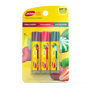 Carmex Daily Care Moisturizing Lip Balm Sticks with SPF, Fresh Cherry, Strawberry and Wintergreen Lip Balm Pack, 0.15 OZ – (5 packs of 3)(3)