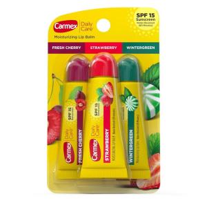 Carmex Daily Care Moisturizing Lip Balm Tubes with SPF, Fresh Cherry, Strawberry and Wintergreen Lip Balm Pack, 0.35 OZ – (5 Packs of 3)(1)