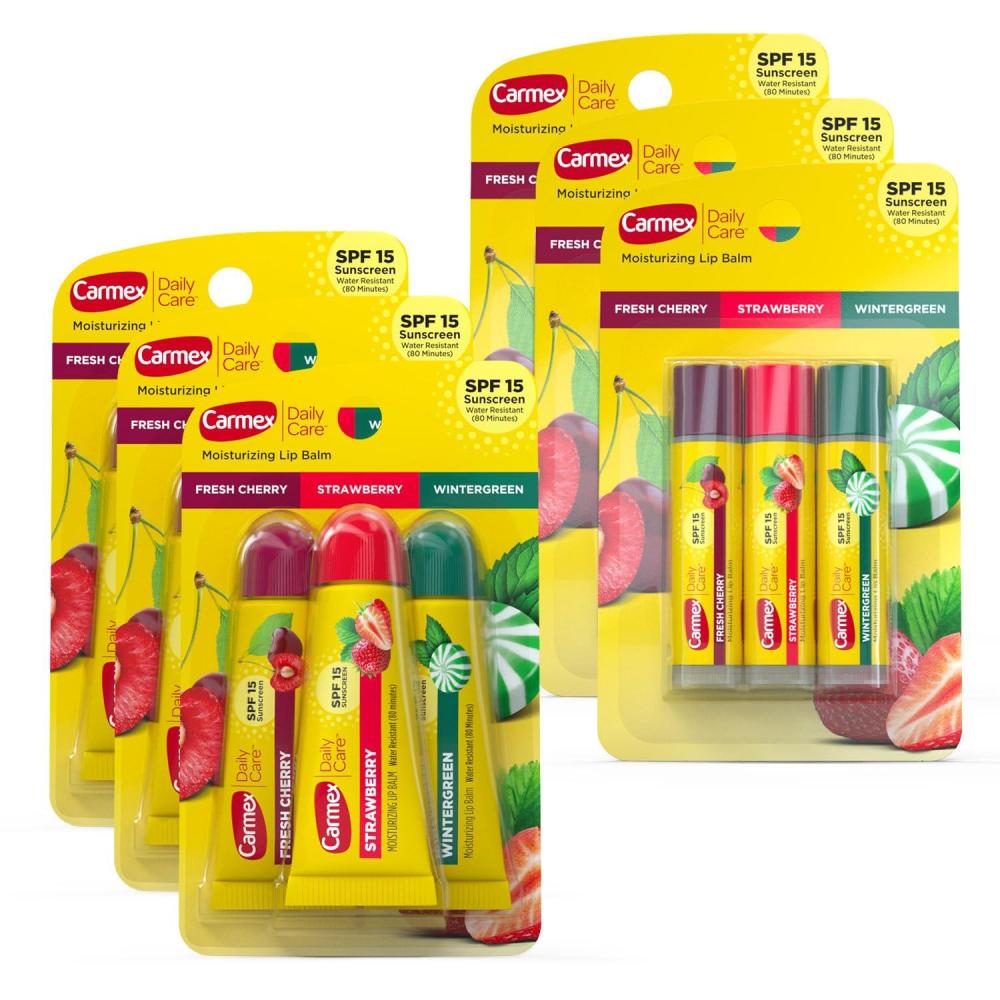 image:imageCarmex Daily Care Moisturizing Lip Balm with SPF 15 MultiFlavor Lip Balm Pack 18 Count 9 Tubes 9 Sticks3 Count Pack of 6