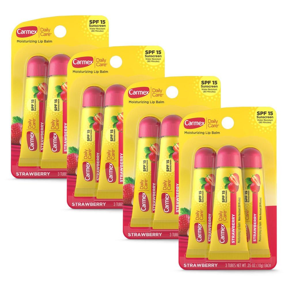 image:imageCarmex Daily Care Moisturizing Lip Balm with SPF 15 Strawberry Lip Balm Tubes 035 OZ Each 3 Count Pack of 4