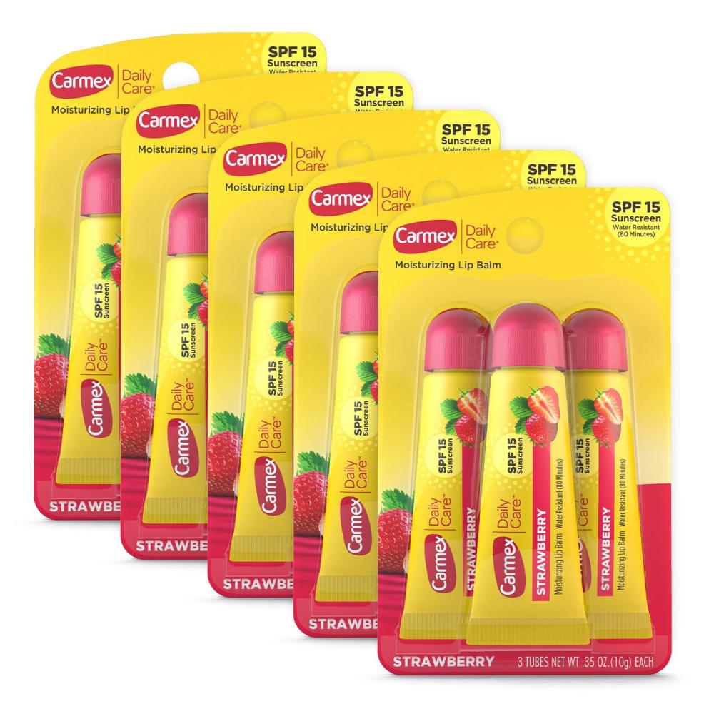 image:imageCarmex Daily Care Moisturizing Lip Balm with SPF 15 Strawberry Lip Balm Tubes 035 OZ Each 3 Count Pack of 5