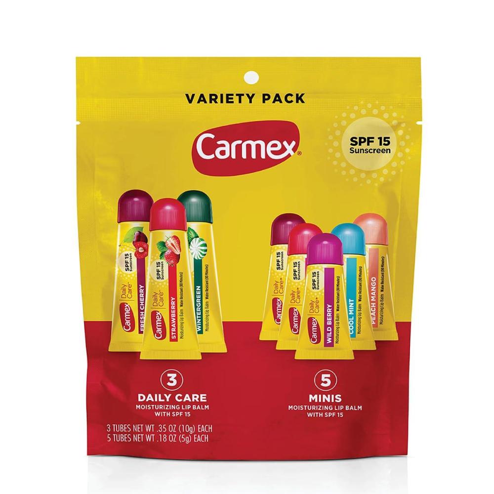 image:imageCarmex Daily Care and Daily Care Minis Moisturizing Lip Balm Pack SPF 15 MultiFlavor Lip Care Variety Pack Bag 8 Count 3 Sticks 5 Mini TubesMixed bag 3 tubes5 minis