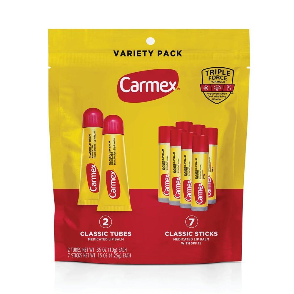 image:imageCarmex Classic Medicated Lip Balm Pack Lip Moisturizer for Chapped Lips 9Count Variety Pack Bag 3 Tubes 3 Sticks 3 JarsBag 9 count 2 Tubes 7 Sticks