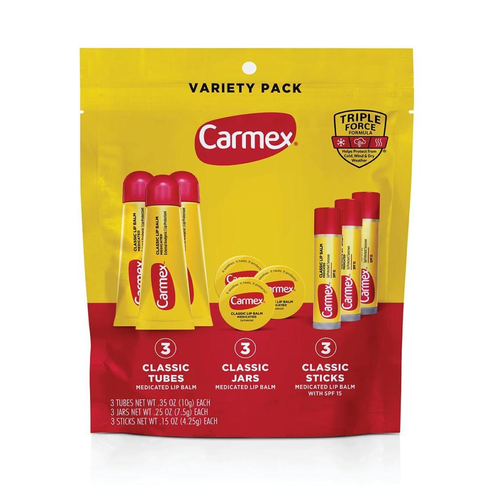 image:imageCarmex Classic Medicated Lip Balm Pack Lip Moisturizer for Chapped Lips 9Count Variety Pack Bag 3 Tubes 3 Sticks 3 JarsBag 9 count 3 Tubes 3 Sticks 3 Jars