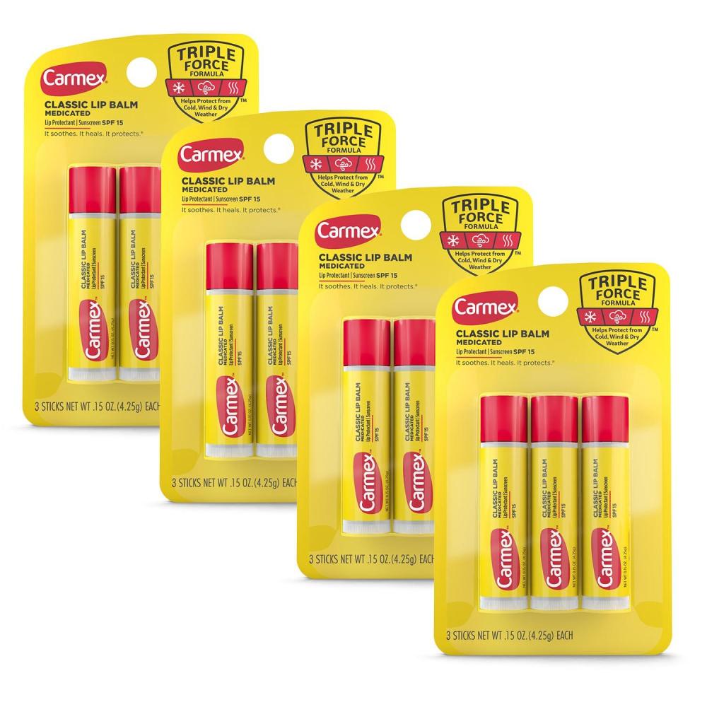 image:imageCarmex Classic Medicated Lip Balm Sticks Lip Moisturizer for Chapped Lips 12 Count 4 Packs of 33 Count Pack of 4