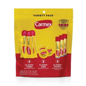 Carmex Classic Medicated Lip Balm Pack, Lip Moisturizer for Chapped Lips, 9-Count Variety Pack Bag (3 Tubes, 3 Sticks, 3 Jars)(Bag 9 count (3 Tubes  3 Sticks  3 Jars))