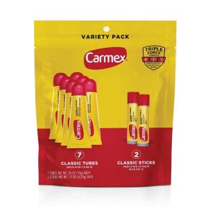 Carmex Classic Medicated Lip Balm Pack, Lip Moisturizer for Chapped Lips, 9-Count Variety Pack Bag (3 Tubes, 3 Sticks, 3 Jars)(Bag 9 count (7 Tubes  2 Sticks))